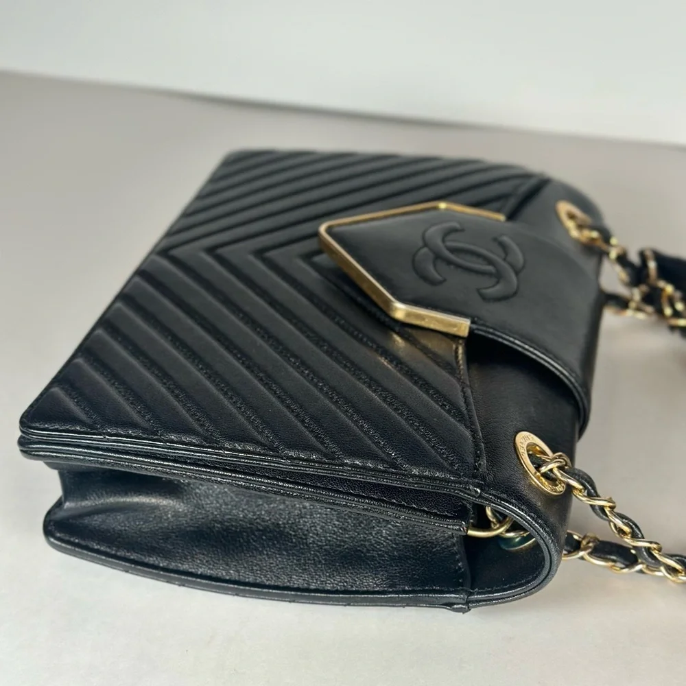 Authentic CHANEL Black Collar Tie Chevron Quilted Leather Shoulder Bag with Gold